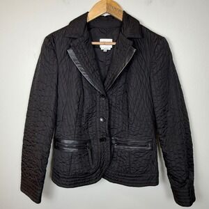 Armani Collezioni Black Quilted Blazer Jacket Women Size 6 US 42 IT Leather Trim